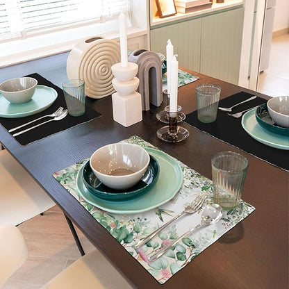 Natural Bird Placemats, Green Spring Watercolour Botanical Flower Butterfly Hummingbird Fly Print Washable Fabric Placemats Table Kitchen Dining Party 12x18 Inch Set of 6