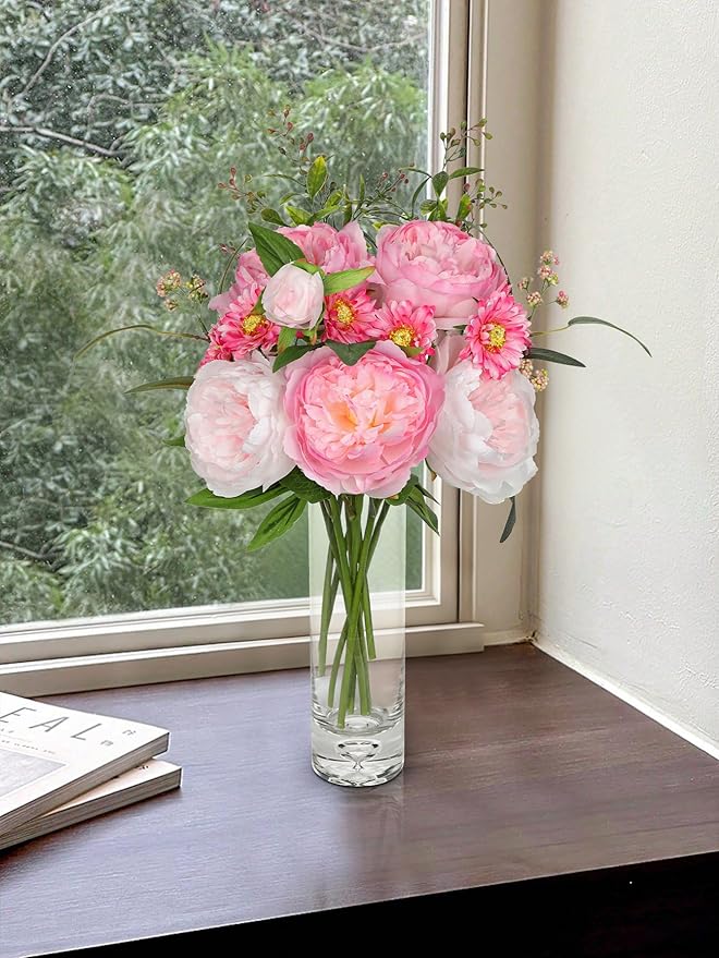 Hot Pink Flowers Artificial Peonies Silk Flowers with Stems 10PCS Realistic Fake Peony Daisies Long Faux Flowers for Vase Floral Centerpiece Arrangements Wedding DIY Bridal Bouquet Party Home Decor