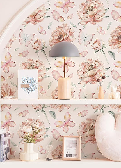 Safiyya Peel and Stick Wallpaper Floral Contact Paper for Cabinets and Drawers Modern Wall Paper Pink Peony Self Adhesive Removable Wallpaper for Bedroom Vinyl Rolls 78.7''×17.3"