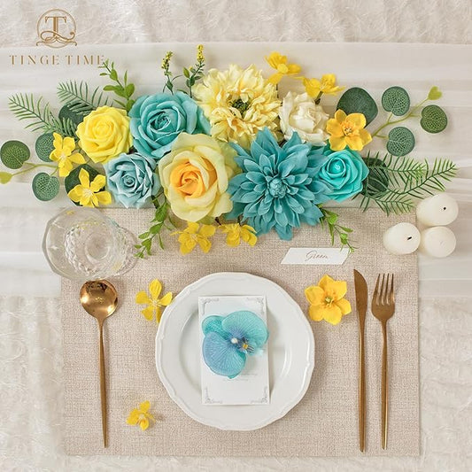 TINGE TIME Artificial Flowers Combo Set Teal Blue & Yellow Flowers Mix Silk Flowers Roses with Stem for DIY Wedding Bridal Bouquets Baby Shower Floral Arrangement Table Centerpieces Home Decorations