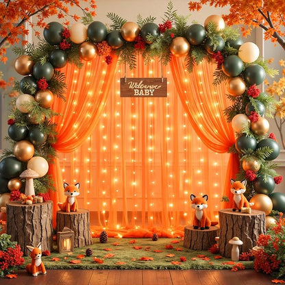 10ft x 10ft Orange Tulle Photo Backdrop Curtain with Lights String for Halloween Party Orange Sheer Curtain Backdrop Drapes for Birthday Party Wedding Photo Booth Background Home Room Decorations