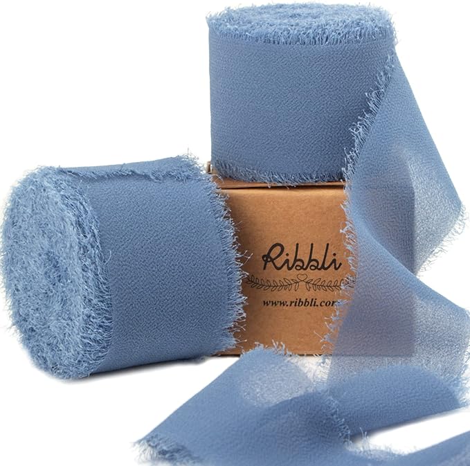 Ribbli Dusty Blue Chiffon Ribbon 1-1/2 inch x 20 Yard Handmade Fringe Chiffon Silk Ribbon for Wedding Invitations, Bridal Bouquets Wrapping, Flower Arrangement Decoration