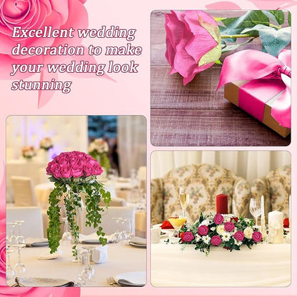 30pcs Silk Roses Artificial Flowers Hot Pink Fake Rose with Long Stem for Arrangement Wedding Party Home Decoration