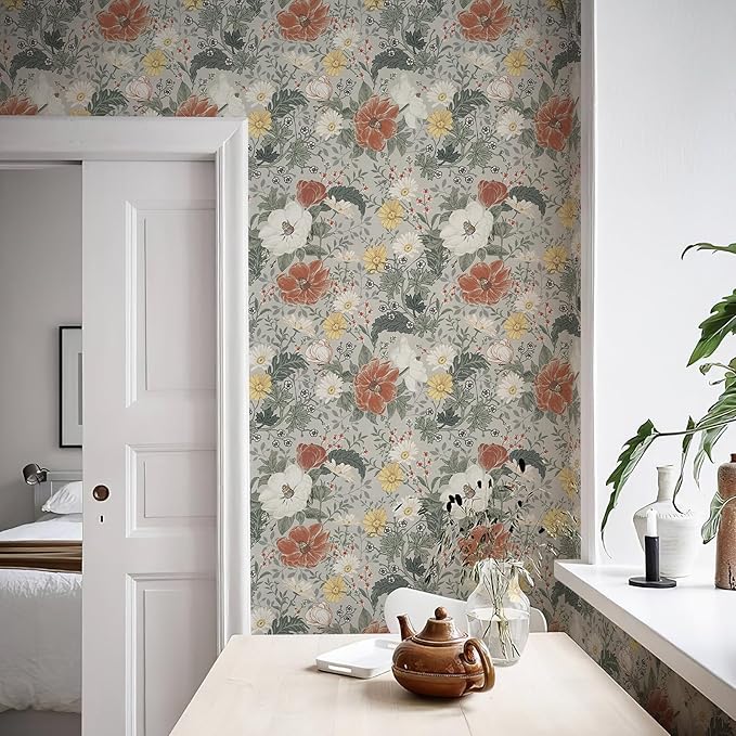 Simon&Siff Vintage Wallpaper Peel and Stick Modern Floral Wall Paper Farmhouse Botanical Contact Paper Removable Renter Friendly Wallpaper for Cabinets Countertop Wall 400" x 17.3"