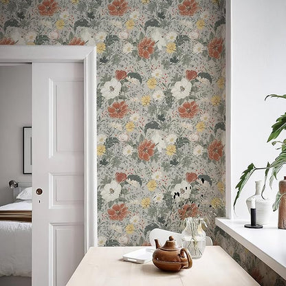 Simon&Siff Vintage Wallpaper Peel and Stick Modern Floral Wall Paper Farmhouse Botanical Contact Paper Removable Renter Friendly Wallpaper for Cabinets Countertop Wall 200" x 17.3"