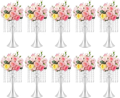 10PCS Silver Wedding Centerpiece Stands, 13.79 Inches Acrylic Crystal Flower Vases for Table Decor, Modern Silver Flower Stand for Wedding Reception, Party, Home Decor, Centerpieces for Tables