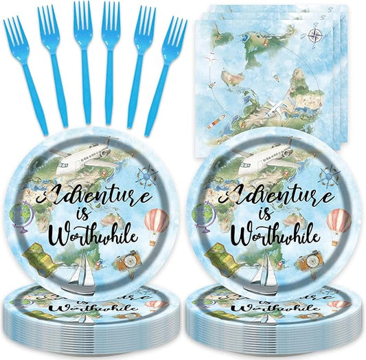 48pcs Adventure World Awaits Map Party Decoration Set,16 Dessert plate,16 Napkin And 16 Fork,16 persons Disposable tableware,Used The Adventure Begin Birthday Party Supplies