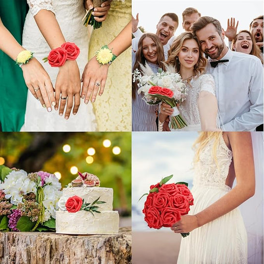 JOYLEX Artificial Flowers Realistic Roses, 50pcs Real Looking Fake Roses with Stem for DIY Wedding Bouquets Centerpieces Bridal Shower Party Home Romantic Decorations (Regular 3" - 50pcs, Red)