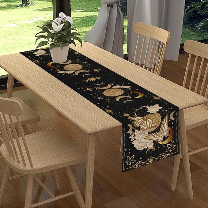Gothic Moth Table Runner, Boho Floral Gothic Sun Moon Phase Mystical Witchy Starlight Coffee Table Center Decor for Home Kitchen Dining Patio Holiday Party Table Decorations 13x36 inches