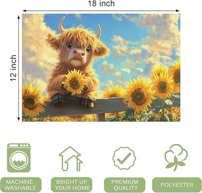 Cute Highland Cow Placemats Set of 4 Washable Table Mats Summer Yellow Sunflower Heat-Resistant Cotton Linen Place Mats for Dining Table Kitchen Indoor Outdoor Party Holiday Decor