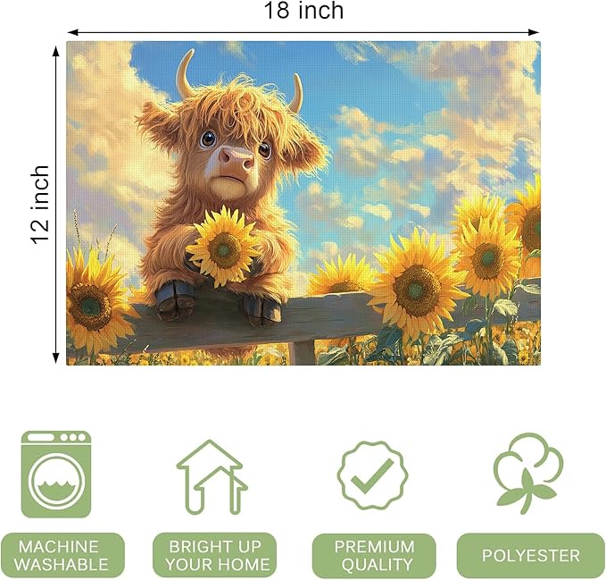 Cute Highland Cow Placemats Set of 6 Washable Table Mats Summer Yellow Sunflower Heat-Resistant Cotton Linen Place Mats for Dining Table Kitchen Indoor Outdoor Party Holiday Decor