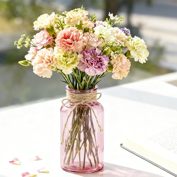 Vintage Glass Flower Vase，12 Pack Pink Farmhouse Glass Centerpiece Vases Mason Jars for Weddings, Parties & Home Decor Bulk (12, Pink)