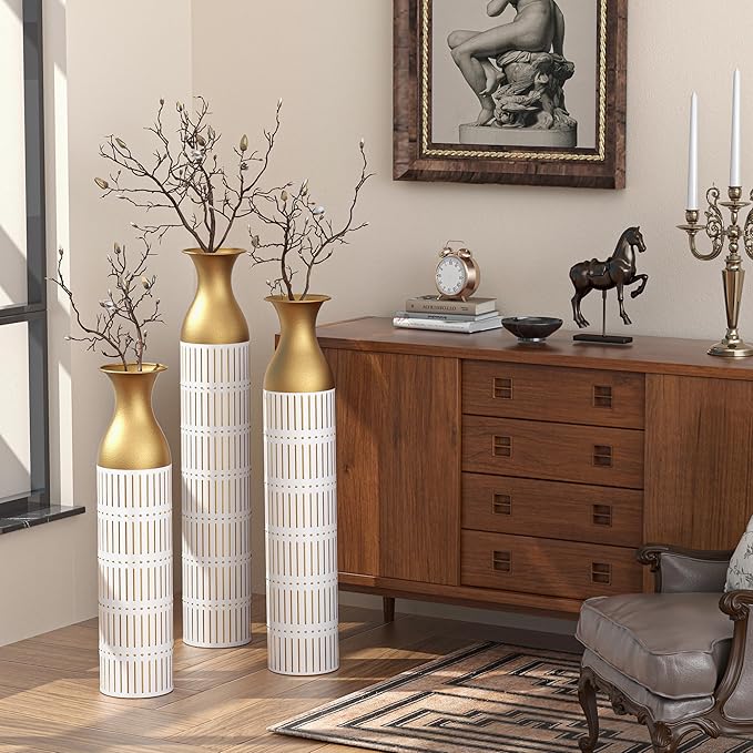 Tall Floor Vase Set of 3 - Large Vintage Modern Oversized Metal Vases for Decor Living Room, Gold Decorative for Corner Hallway