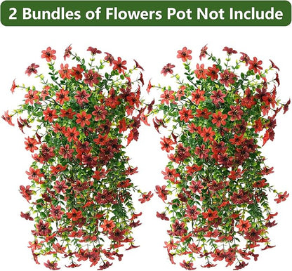 Artificial Hanging Flowers Plants for Outdoor Fall Decoration, 2 PCS Fake Silk Daisy Planter UV Resistant Look Real for Outside Patio Porch Home Autumn Decor (Red Brown)