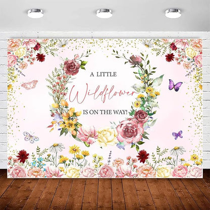 InMemory Wildflower Baby Shower Backdrop Pink Floral Party Decorations for Girls,A Little Wildflower is On The Way Banner Background Wild flower Theme Baby Shower Party Supplies Photobooth Props 8x6ft