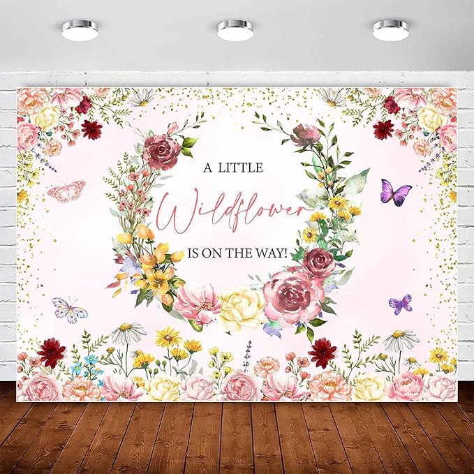 InMemory Wildflower Baby Shower Backdrop Banner Pink Floral Party Decorations for Girls,A Little Wildflower is On The Way Background Wild flower Theme Baby Shower Party Supplies Photoshoot Props 5x3ft