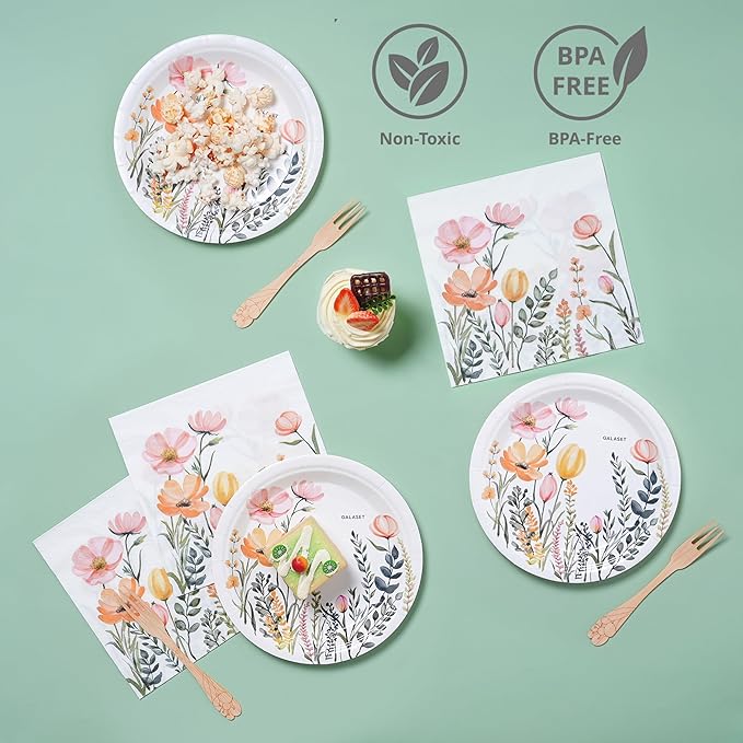 124 PCS Wildflower Party Decorations – Includes Wildflower Balloon Arch Kit, Pump, Banner, Paper Plates, Napkins, Bamboo Forks, and Wooden Cake Topper – Floral Birthday Decorations, Serves 20 Guests