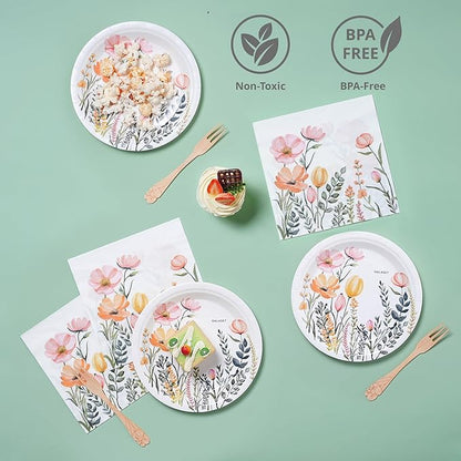 124 PCS Wildflower Party Decorations – Includes Wildflower Balloon Arch Kit, Pump, Banner, Paper Plates, Napkins, Bamboo Forks, and Wooden Cake Topper – Floral Birthday Decorations, Serves 20 Guests
