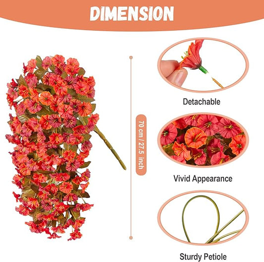Artificial Fall Hanging Flowers for Outdoors Decoration, 2PCS Fake Plants Faux Realistic Silk Morning Glory Long Vines UV Resistant for Autumn Outside Porch Patio Balcony Yard Planter, OrangeRed