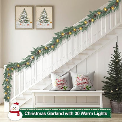 Artgar Christmas Cedar Garland, 6 Ft Realistic Pine Garland, Prelit Christmas Garland with 30 Warm Lights with 8 Light Modes for Mantels Stair Table Indoor Outdoor Winter Xmas Decor (White-Green)