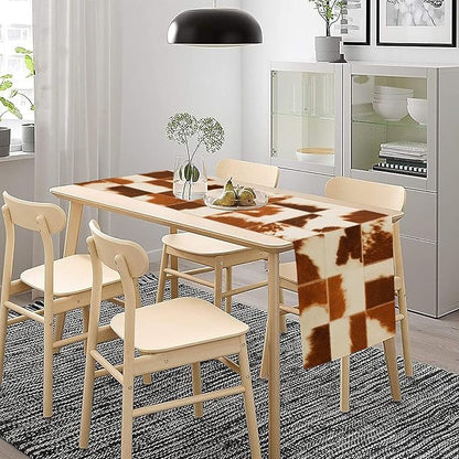 Cow Skin Print Table Runner, Rustic Country Farmhouse Animal Fur Skin Western Farm Brown Cowhide Print Dinner Runner Table Decoration for Party Holiday Home Kitchen Dining 13x108in