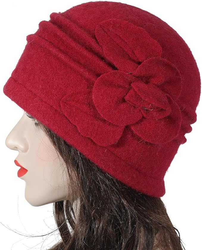 ZLYC Women Wool Cloche Bucket Hat 1920s Vintage Dress Winter Hats with Flower Accent