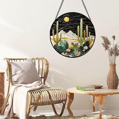 Stained Glass Window Hanging, Black and White Golden Cactus Nature Suncatcher for Doors Window Home Starry Sky Sun Catchers Decor Mother's Day Birthday Gifts for Women, Men Mom 9.8 in