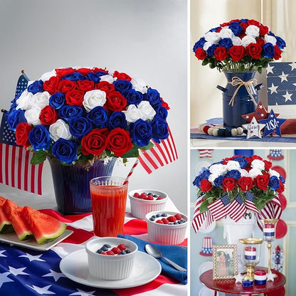 Hananona Artificial Roses in Bulk, Fake Velvet Silk Roses Realistic Roses for 4th July Wedding Centerpieces Independence Day Flower Arrangement Home Decor (50, Red, White, Blue)