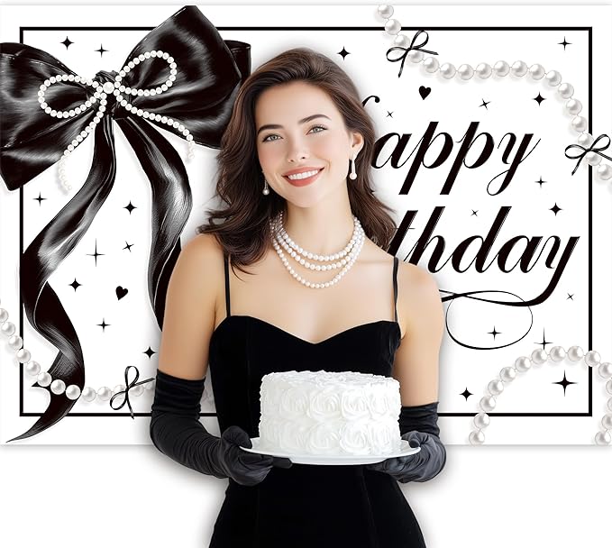 Black Bow Happy Birthday Banner Backdrop 7Wx5H Photography Black White Pearls Bowknot Balloons Girly Female Background Aesthetic Pretty Bday Party Decorations Banner Photo Booth Props Supplies