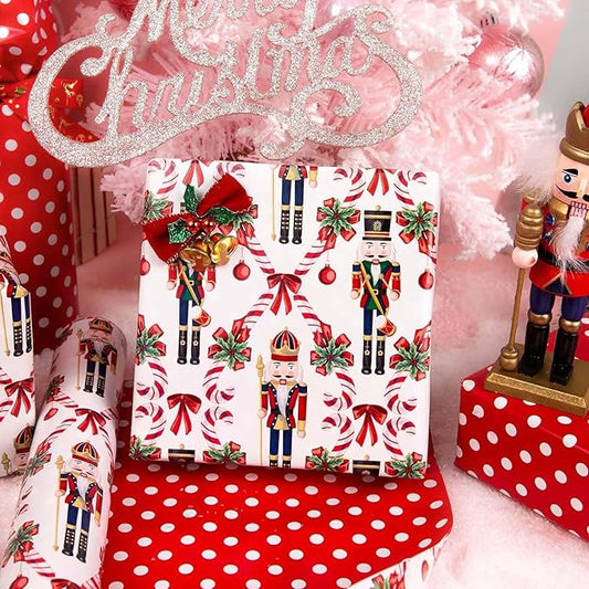 MAYPLUSS Christmas Nutcracker Wrapping Paper - 17 Inch X 33 Feet - Metallic Gift Wrapping Paper featuring Christmas Tree Holly Cute Bow Candy Cane Reversible Polka Dot for Holiday Party New Year Kids