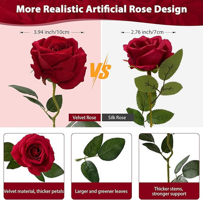 Red Roses Artificial Flowers Bulk, 32Pcs Fake Roses Artificial Velvet Roses with Stems, DIY Silk Flowers Roses Bouquet, Realistic Faux Artificial Roses for Mother's Day Home Table Decor