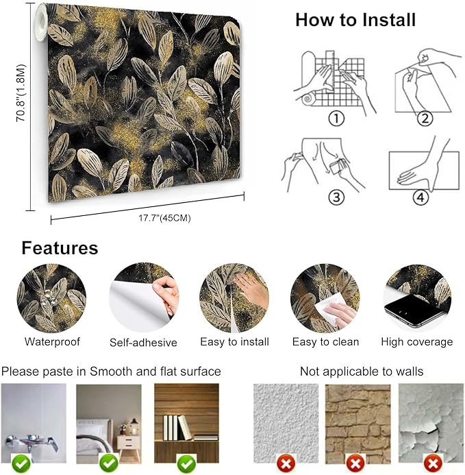 Modern Black and Gold Floral Leaf Peel and Stick Wallpaper Removable Dark Art Deco Self Adhesive Vinyl Contact Wall Paper for Bathroom Renter Friendly Wallpaper 17.7" X 70.8"