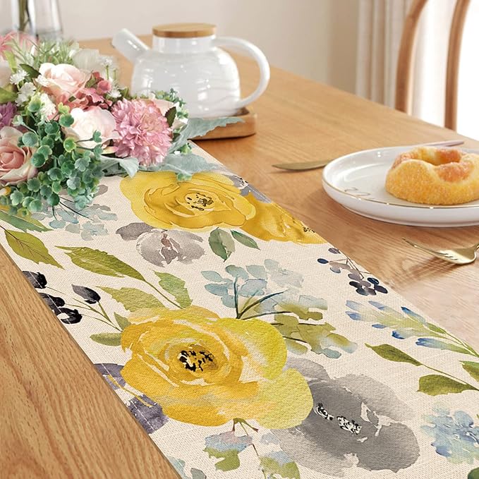 Seliem Spring Yellow Floral Flowers Table Runner, Rose Peony Watercolor Kitchen Dining Table Decor, Seasonal Summer Burlap Home Decoration Indoor Outdoor Party Supply 13 x 72 Inches