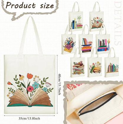 Sweetude 8 Pcs Christmas Book Lovers Club Gifts Bulk Canvas Tote Bags Bookish Librarian Reader Gift for Women Teacher Present(Book)