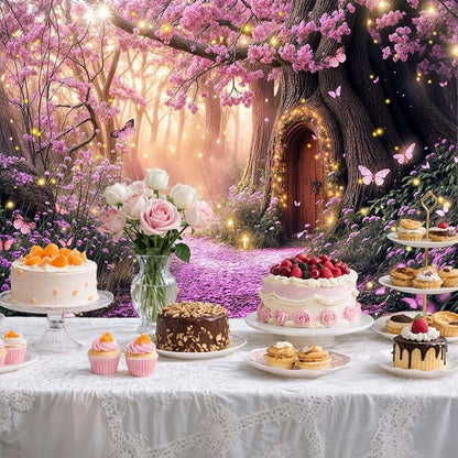 15X10ft Enchanted Forest Backdrop Fairy Tale Purple Garden Wonderland Tree House Floral Background for Kids Girl Baby Shower Birthday Party Decoration Banner Cake Table Photo Booth Props