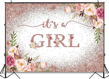 Avezano Rose Gold Baby Shower Backdrop for Girls Party Blush Pink Floral It's a Girl Photography Background Glitters Confetti Decoration Photoshoot Events Banner (7x5ft)