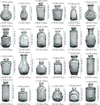 Grey Bud Vases in Bulk 24, Embossed Glass Small Vases for Flowers, Vintage Mini Flower Vase for Centerpieces, Wedding Decoration, Party, Baby Shower, Birthday, Home Decor, Living Room, Office