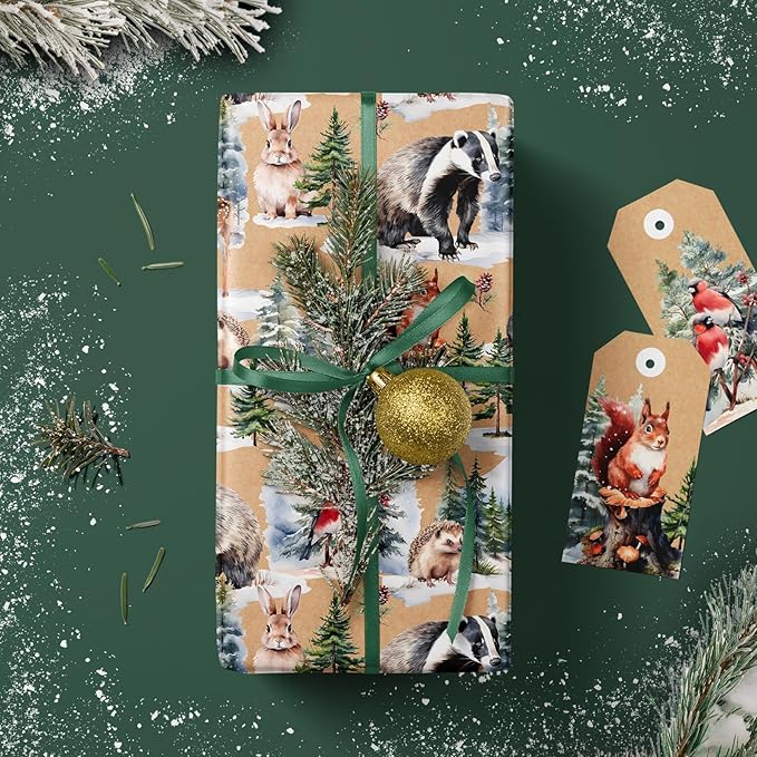WRAPAHOLIC Kraft Christmas Wrapping Paper - Mini Roll - 17 Inch x 33 Feet - Wild Animals Winterfall Watercolor Design for Christmas, Holiday, Party Celebration