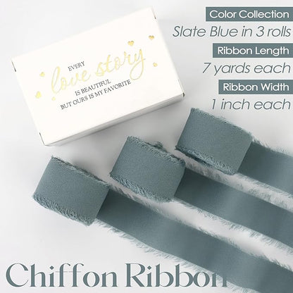 MEEDEE Slate Blue Chiffon Ribbon 1 Inch Fringe Ribbons Dusty Blue Chiffon Silk Frayed Edge Ribbon Thin Chiffon Ribbons for Crafts, Gift Wrapping, Wedding Invitation (3 Rolls 21 Yards)