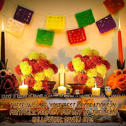 Kimura's Cabin 20Pcs Fake Silk Ball Flowers Artificial Chrysanthemum Faux Mums Bouquets Wedding Arrangements Halloween Thanksgiving Home Kitchens Table DIY Center Decoration (Orange Yellow)