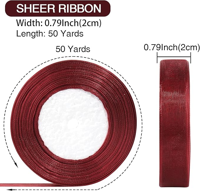3/4 Inch x 50 Yards Sheer Organza Ribbon Chiffon Ribbon for Gift Wedding Flower Bouquet Wrapping Decorations Crafts (Wine red)