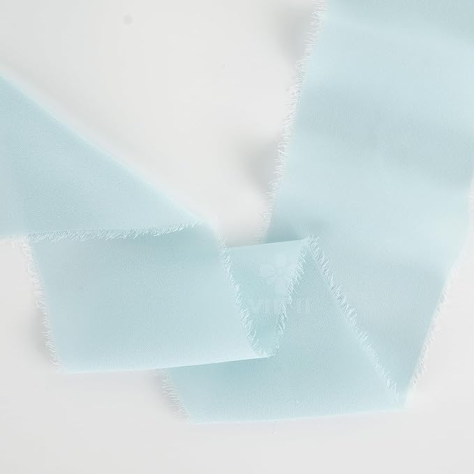 MEEDEE Aqua Chiffon Ribbon 3 Inch Fringe Ribbons Blue Chiffon Silk Frayed Edge Ribbon Wide Chiffon Ribbons for Crafts, Flower Bouquet, Wedding Favors Wrapping (2 Rolls 10 Yards)