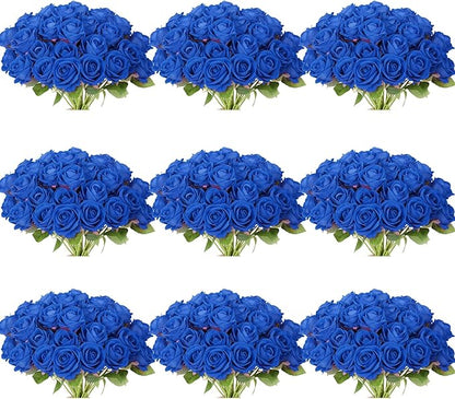 102 PCS Royal Blue Roses, Faux Blue Rose Bouquet, Silk Rose with Stems for Wedding Flowers Decoration, Valentines Day Mothers Day, Wedding Decoration