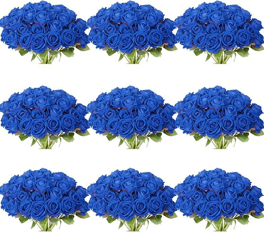 102 PCS Royal Blue Roses, Faux Blue Rose Bouquet, Silk Rose with Stems for Wedding Flowers Decoration, Valentines Day Mothers Day, Wedding Decoration