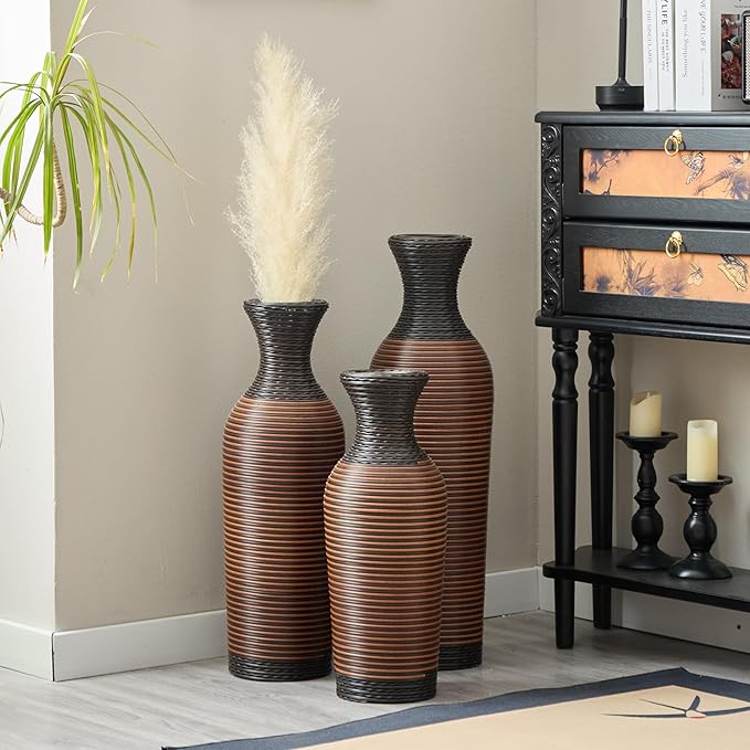 3 Pack Floor Vases Home Decor Large Tall, Modern Vintage PVC Vase for Living Room Floor Vase Set for Decorative Home 24-28 Inch 3pcs Black+Brown