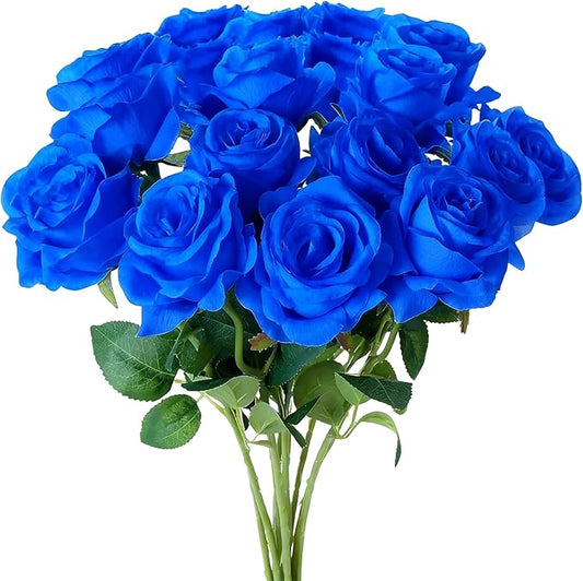Blue Roses Artificial Flowers 15 PCS, Fake Roses Silk Flowers with Long Stems, Faux Rose for Wedding Centerpieces, Home Decor, Indoor Floral Arrangements, Party Decor, DIY Bouquet (Blue)
