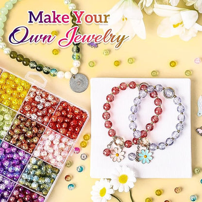 XSEINO About 1200+ PCS 6mm Cracked Style Glass Beads Bracelet Making Kit, 24 Assorted Colorful Crack Series Crystal Beads for Jewelry Making and DIY Crafts, Friendship Bracelets