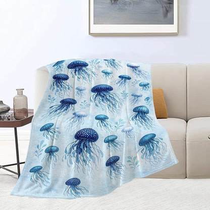 Jellyfish Blanket Marine Life Throw Blanket Blue Ocean Sea Soft Cozy Fleece Sealife Fuzzy Stuffed Plush Animal Flannel Gifts for Girls Women Boys Kids Adults 50"X60"