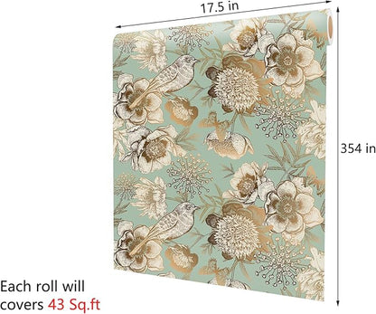 Decotalk Peel and Stick Floral Wallpaper Green Floral Flower Wallpaper Removable17.5x354 Inch Floral Wallpaper for Bedroom Bathroom Wall Green and Gold Vintage Floral Wallpaper Contact Paper Floral