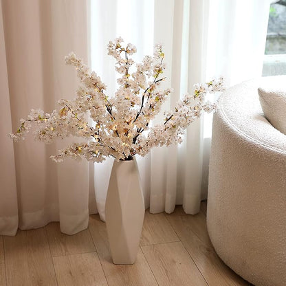 Sunm Boutique 3 PCS Silk Cherry Blossom Branches, Lighted Brown Twig Branches, Artificial White Cherry Blossom Flower, Cherry Blossom Stems Decor Faux Cherry Blossom Tree for Wedding Home Decor, 39'
